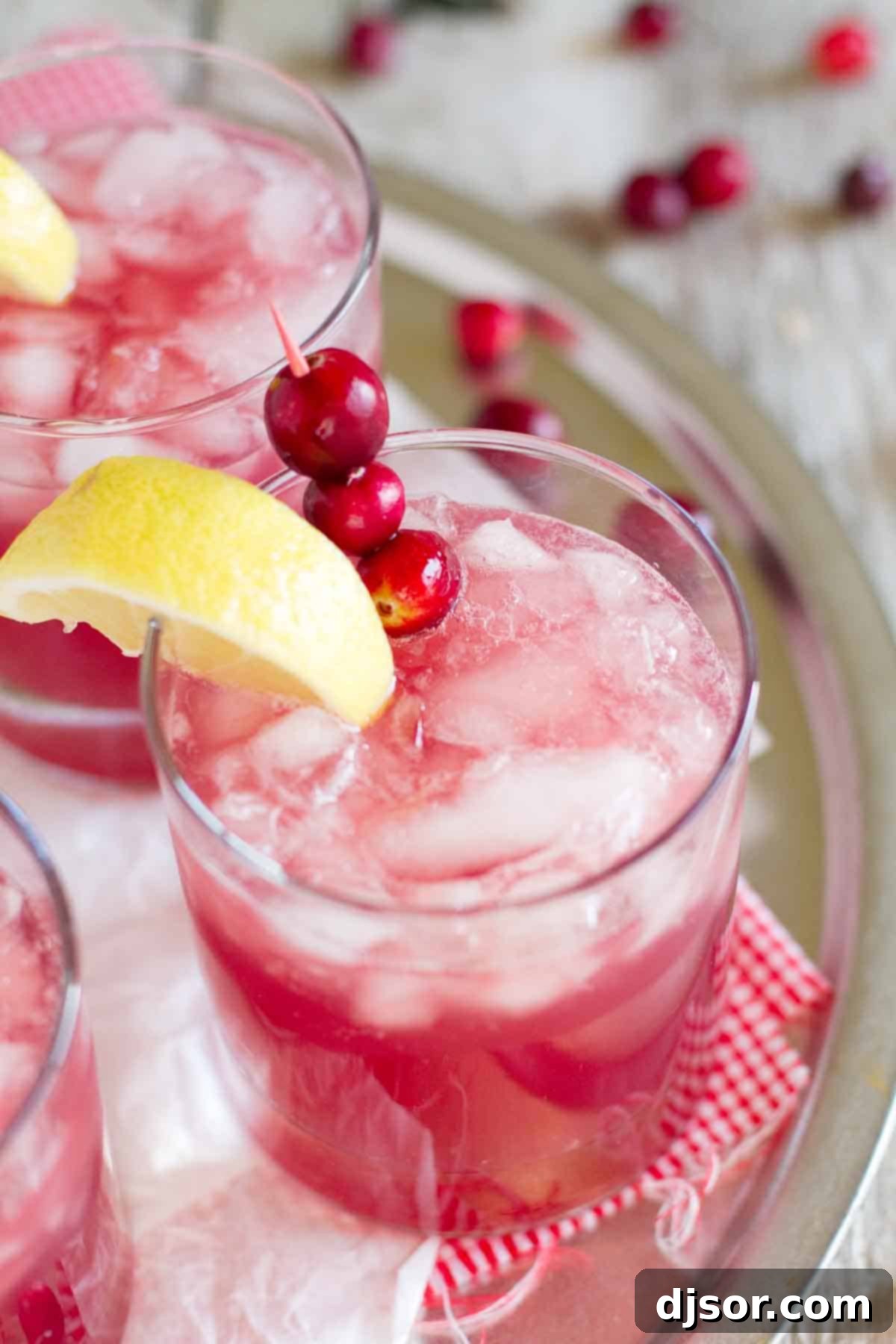 A close-up of Sparkling Cranberry Punch in a clear glass, beautifully garnished with a vibrant lemon slice and fresh cranberries, resting on a textured wooden surface.