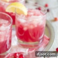 Glasses of sparkling cranberry punch with lemon slices on the glass, a refreshing holiday drink.