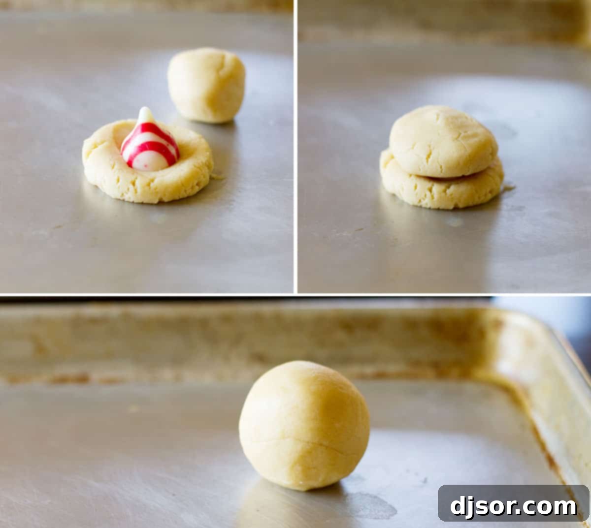 A visual guide showing how to stuff cookie dough with a peppermint kiss for stuffed pudding cookies.