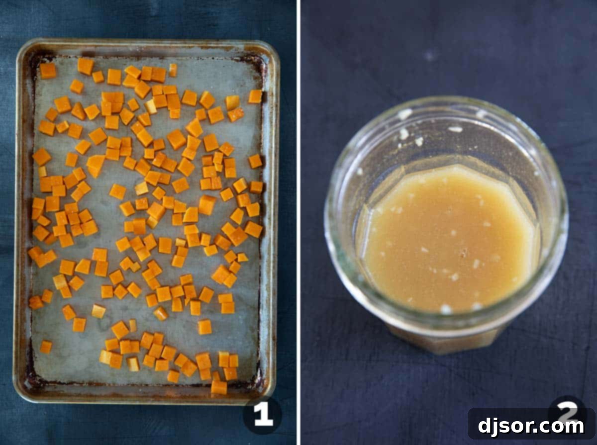 Autumn Harvest Medley 4 Two key steps in preparing the Fall Harvest Salad: roasted butternut squash spread on a baking sheet, and a jar filled with ingredients for the apple cider vinegar vinaigrette, ready to be shaken.
