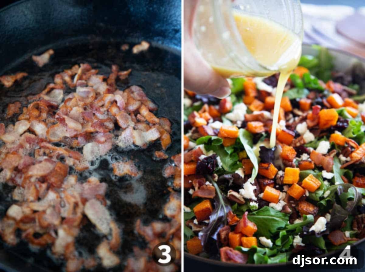 Autumn Harvest Medley 5 Two images: one showing bacon pieces cooking in a hot skillet until crispy, and another of a Fall Harvest Salad being drizzled with its homemade apple cider vinaigrette.