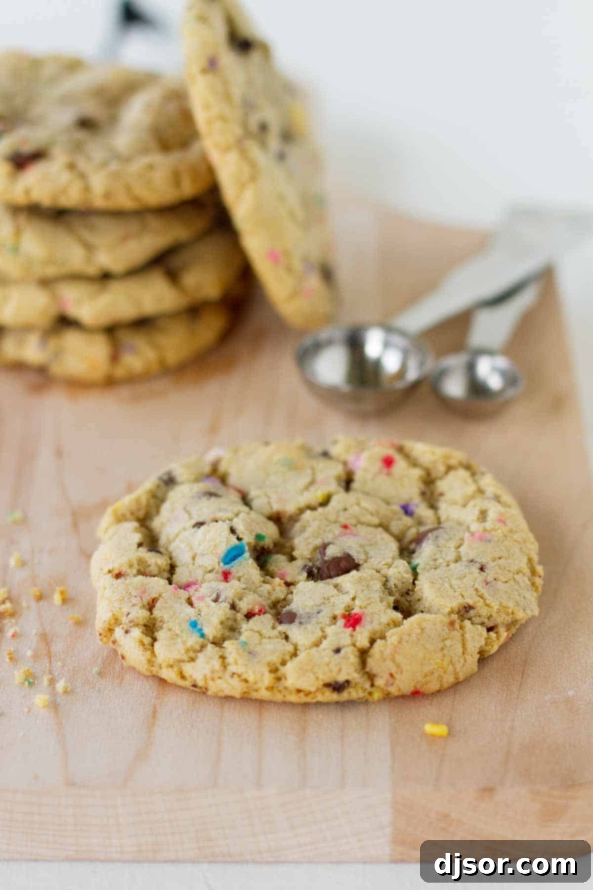Close-up of a stack of chocolate chip sprinkle cookies on a wooden board, with more cookies in the background. The cookies are golden brown with melted chocolate chips and colorful sprinkles.