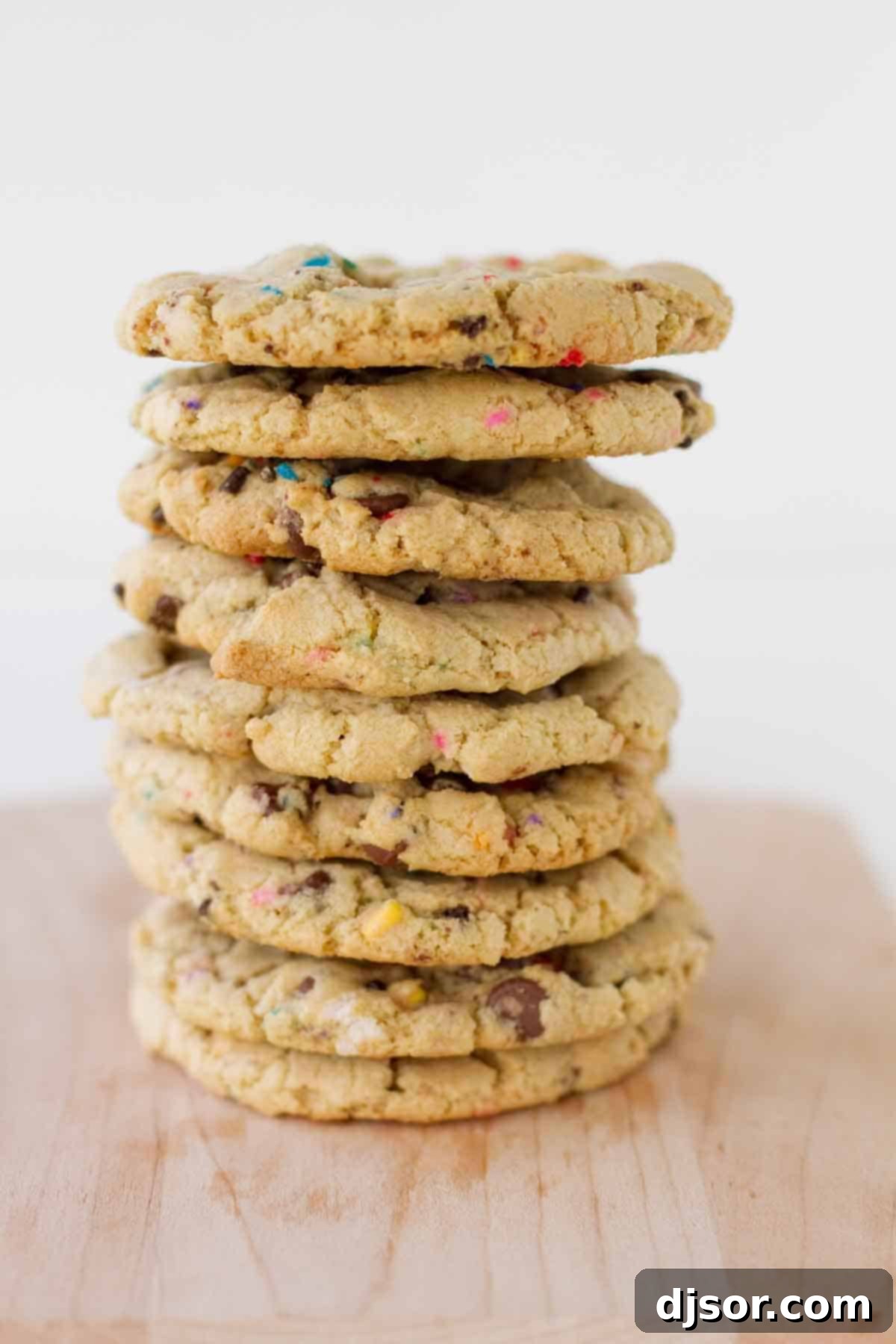 A perfectly arranged stack of golden-brown chocolate chip sprinkle cookies, showcasing their chewy texture and colorful toppings.