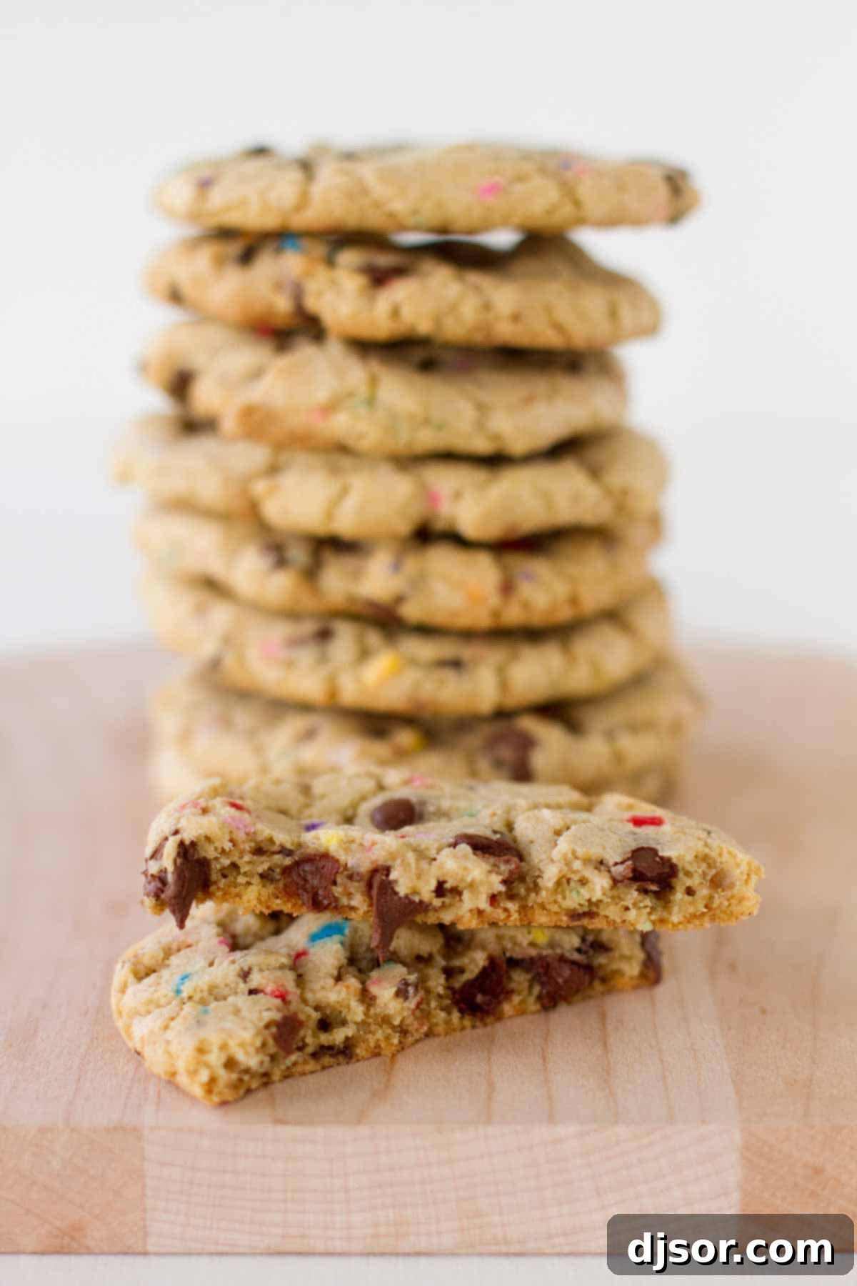 A chocolate chip sprinkle cookie broken in half, revealing its chewy interior and melted chocolate, with a stack of whole cookies visible in the background.