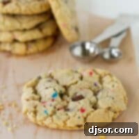 A Chocolate Chip Sprinkle Cookie displayed on a cutting board, with more cookies softly blurred in the background. It's golden with visible chocolate chips and colorful sprinkles.