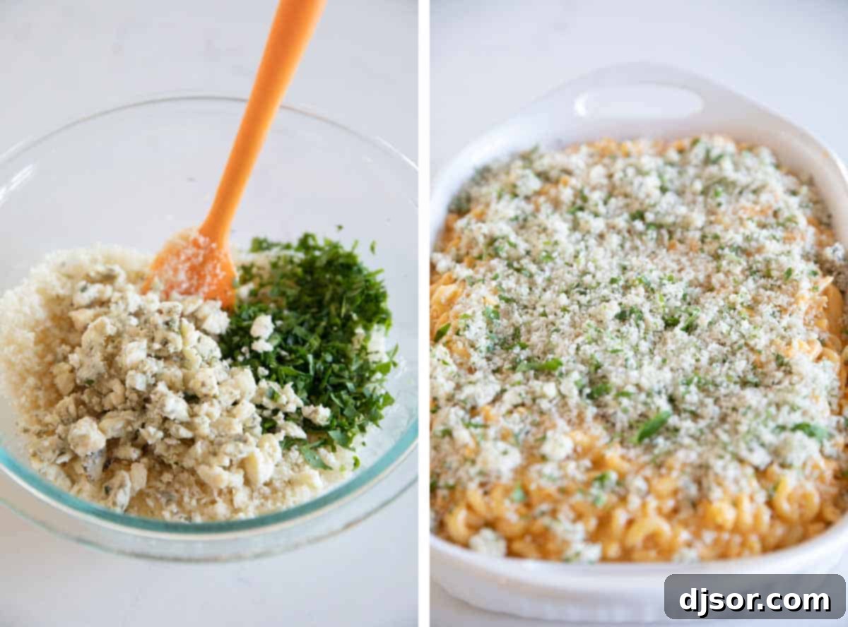 making the breadcrumb topping and adding it to the top of the casserole