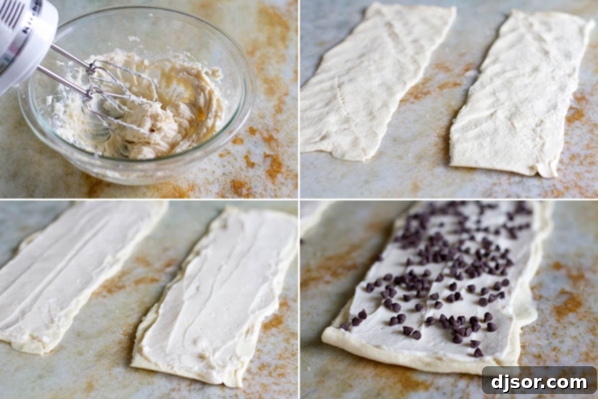 Flaky Chocolate Chip Crescent Cookies 3 Collage showing how to make chocolate chip crescent roll cookies.