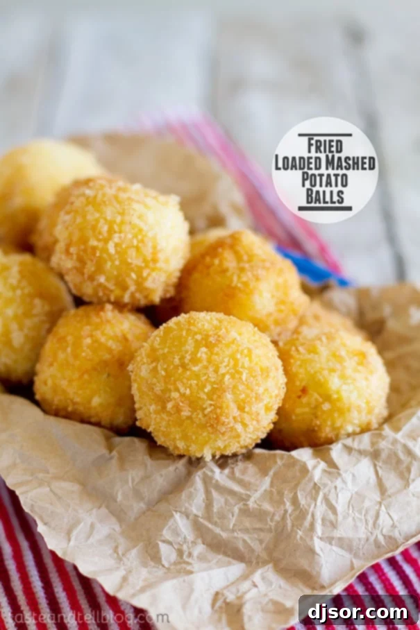 Ultimate Loaded Potato Poppers 2 Crispy Fried Loaded Mashed Potato Balls on a serving platter