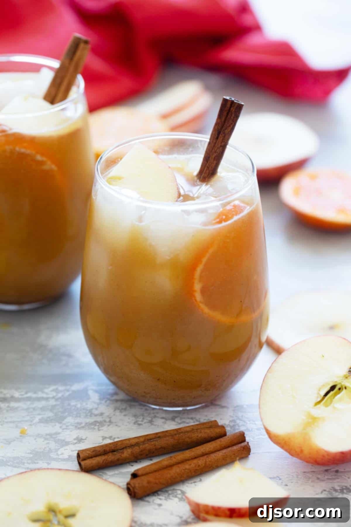 Glass of spiced apple cider punch with a cinnamon stick, apple pieces, and orange slices.