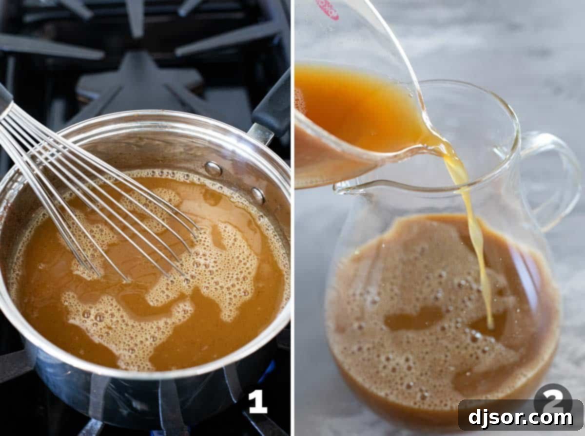 Mixing apple cider punch ingredients together in a saucepan, then pouring the spiced mixture into a pitcher.
