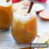 Glass of spiced apple cider punch with a cinnamon stick, apple pieces, and orange slices.