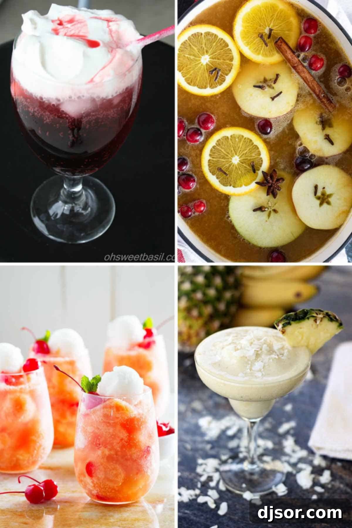 50 Refreshing Mocktail Creations 11 A charming collage featuring four distinct family-friendly drinks, perfect for any gathering.