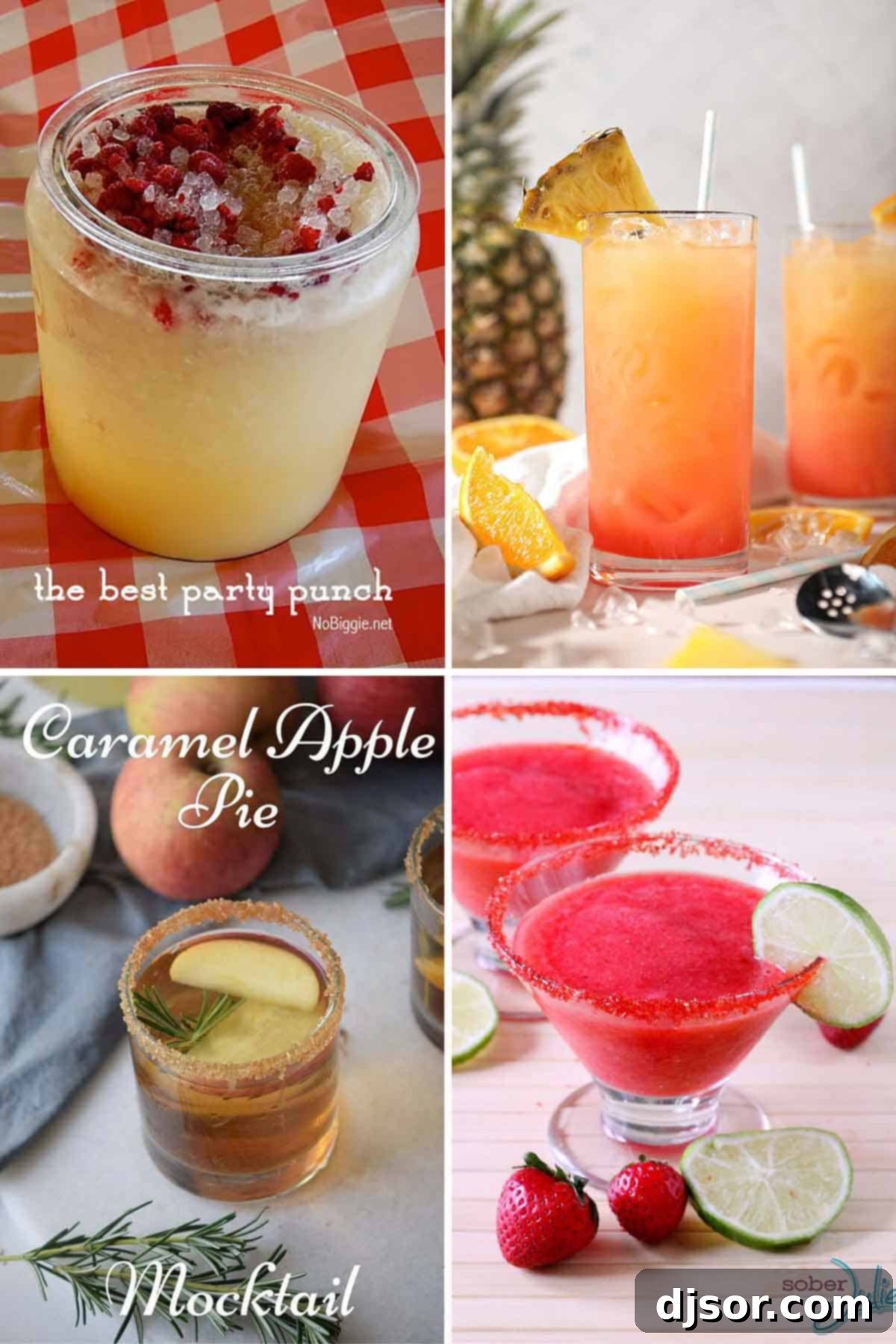 50 Refreshing Mocktail Creations 13 A collage featuring different non-alcoholic drinks, showcasing their vibrant colors and appealing garnishes.