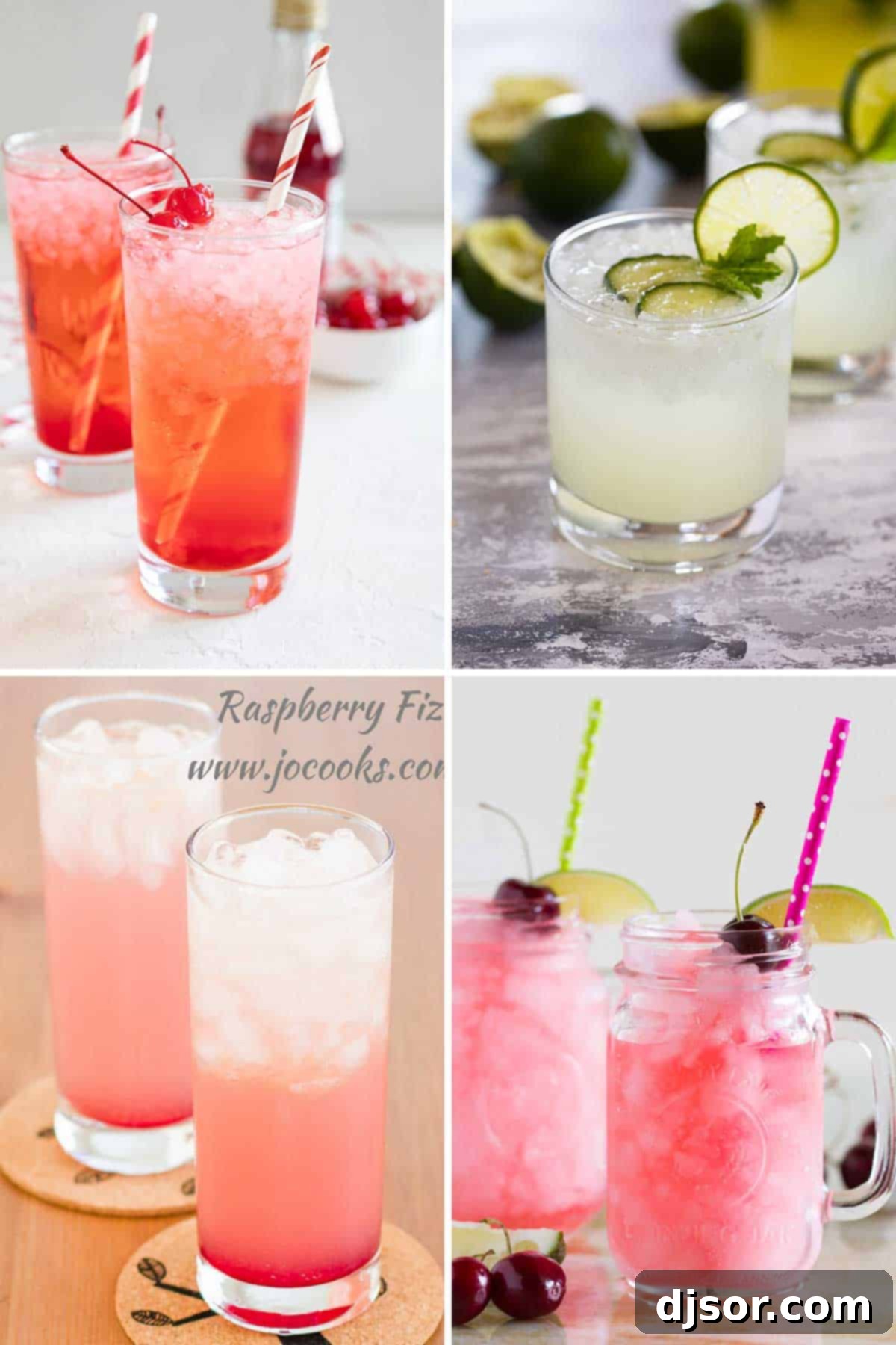 50 Refreshing Mocktail Creations 5 A charming collage showcasing four diverse family-friendly drinks, perfect for any occasion.