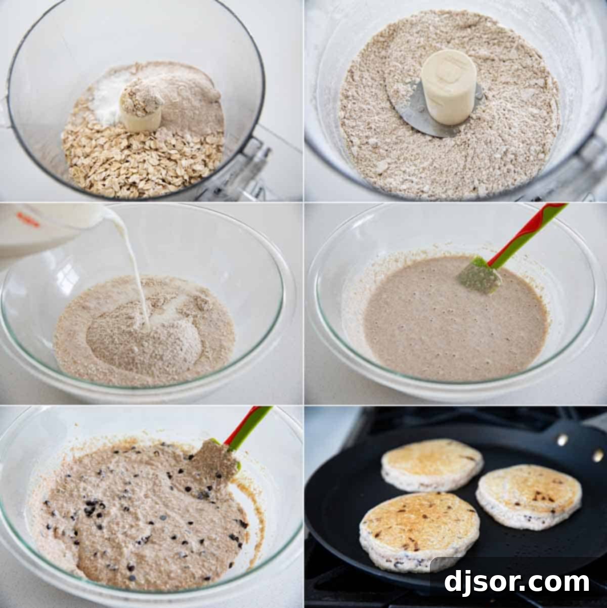 An easy recipe for a healthier breakfast choice, these Oatmeal Pancakes with Chocolate Chips are made with oats, whole wheat, and the perfect touch of sweetness from mini chocolate chips. how to make oatmeal pancakes with chocolate chips