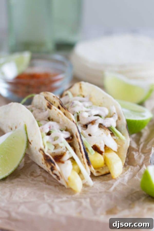 Chip Shop Tacos 2 Delicious Fish and Chips Tacos with crispy fries and blackened tilapia