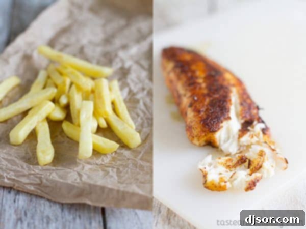 Chip Shop Tacos 4 Close-up of baked french fries and cooked blackened fish for tacos