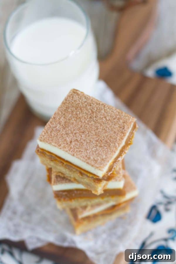 A soft, brown sugar blondie is topped with lots of dulce de leche, white chocolate, and of course, plenty of cinnamon-sugar in these Caramel Snickerdoodle Bars! Close-up view of two Caramel Snickerdoodle Bars, showcasing the beautiful layers