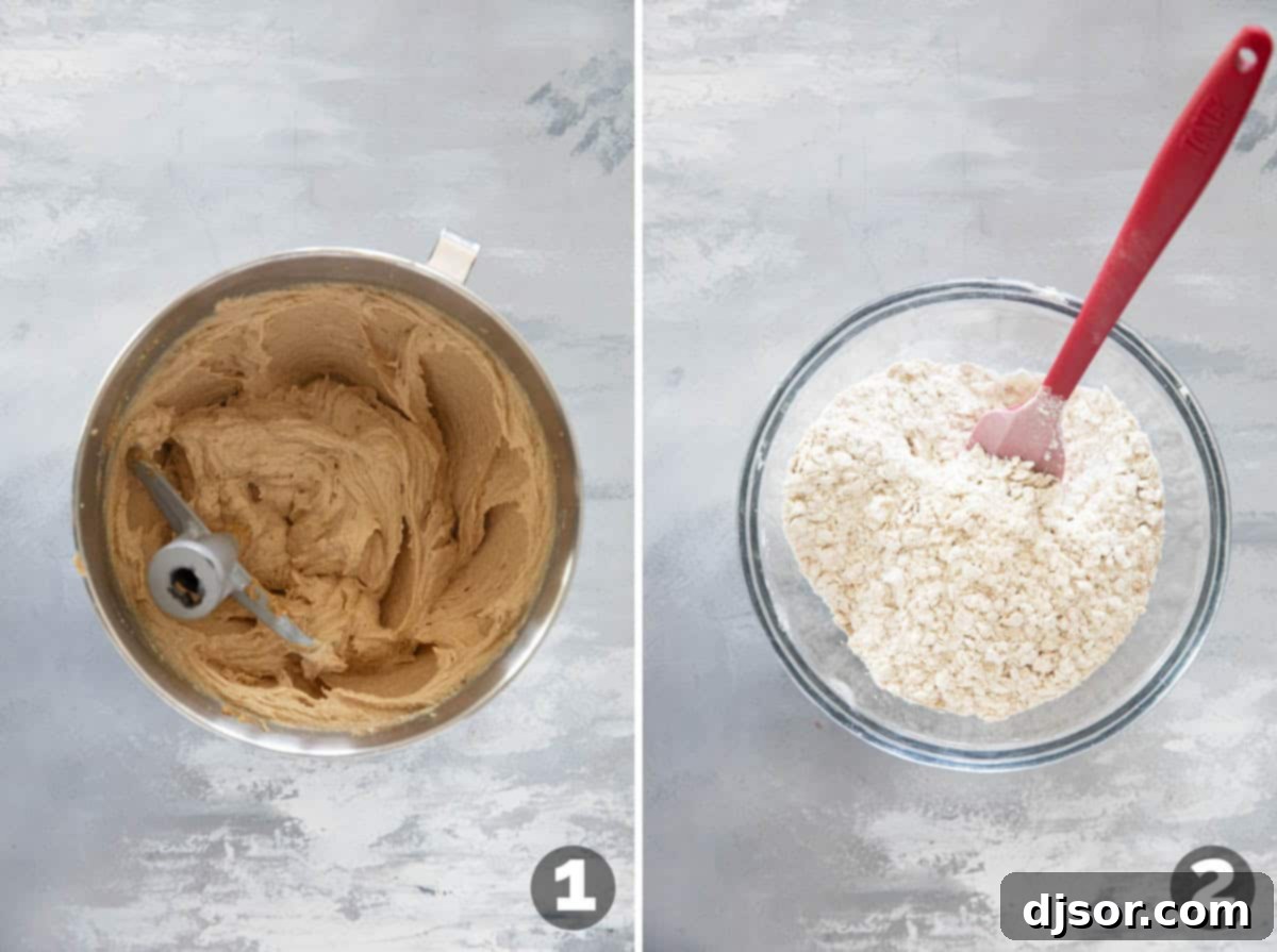 Ultimate Peanut Butter Oatmeal Chocolate Chip Cookies 4 Mixing wet ingredients and mixing dry ingredients for Peanut Butter Oatmeal Cookies with Chocolate Chips step by step.