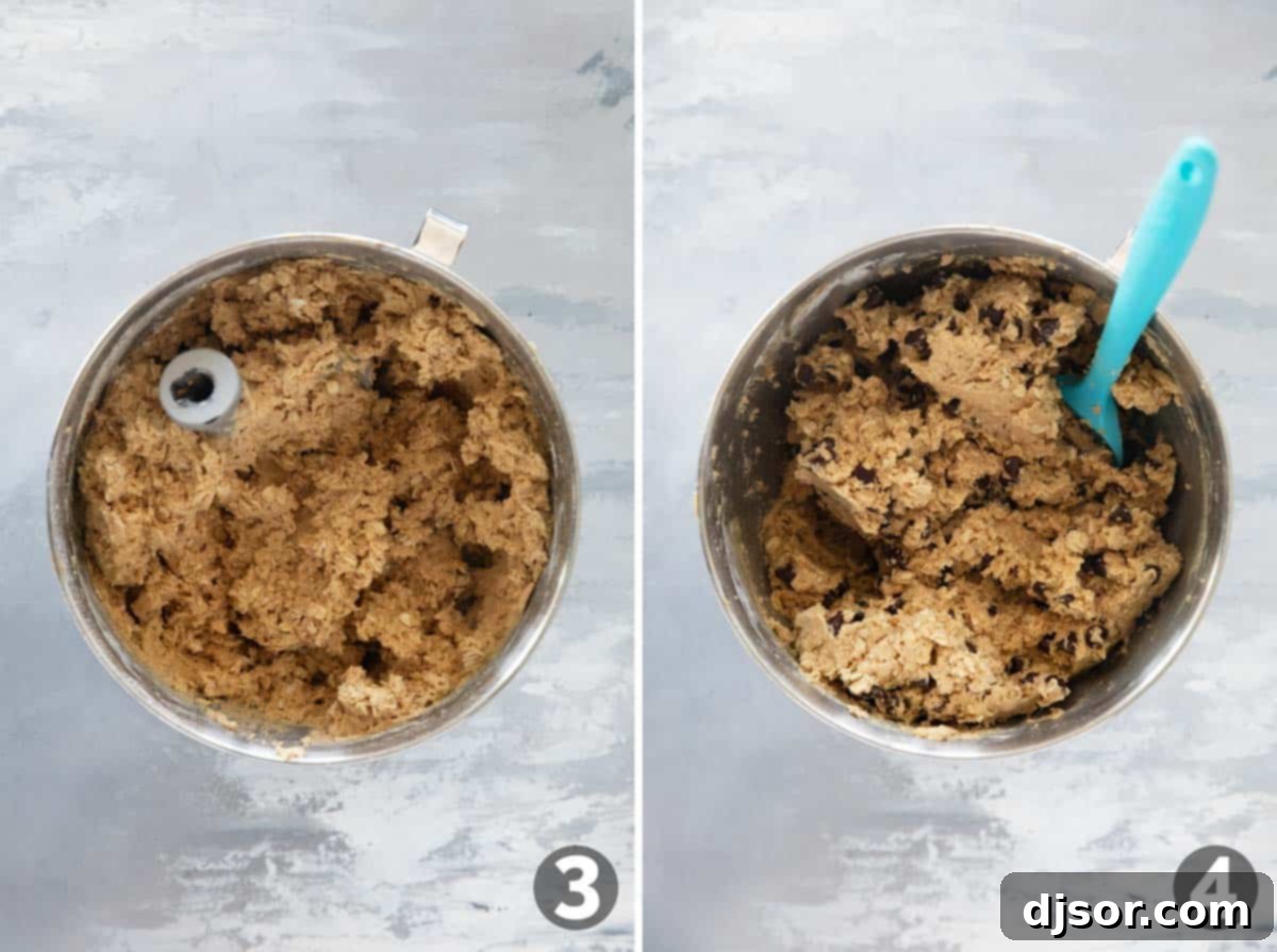 Ultimate Peanut Butter Oatmeal Chocolate Chip Cookies 5 Making dough for Peanut Butter Oatmeal Cookies with Chocolate Chips in a stand mixer.
