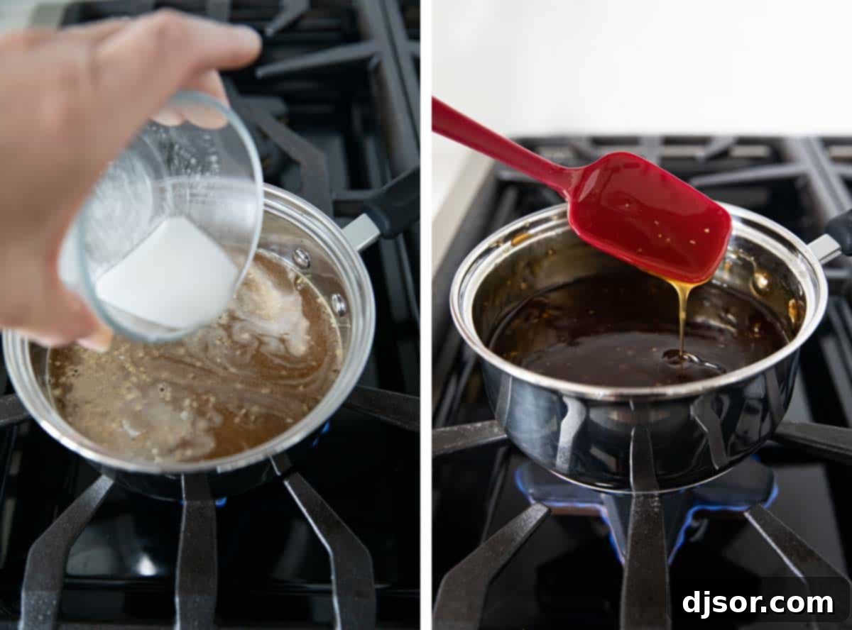 An easy homemade teriyaki sauce recipe made from pantry staples. This sauce is bold and thick and is great as a marinade or as a sauce served with your favorite meats or vegetables. thickening teriyaki sauce