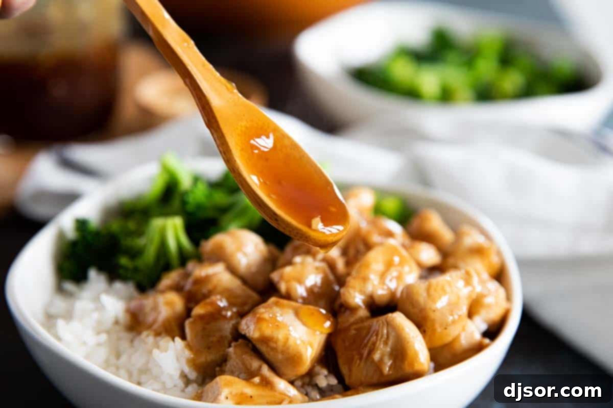 An easy homemade teriyaki sauce recipe made from pantry staples. This sauce is bold and thick and is great as a marinade or as a sauce served with your favorite meats or vegetables. bowl of chicken and rice with teriyaki sauce being spooned over