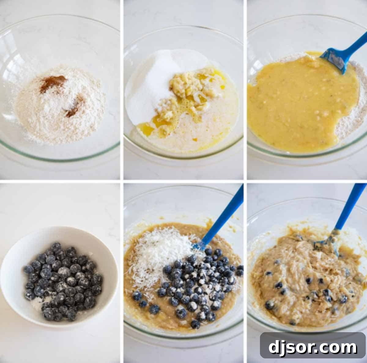 Make a change from your typical banana bread with this Blueberry Banana Bread with Coconut that is filled with fresh berries and topped with a crunchy streusel topping. A sequence of images demonstrating the step-by-step process of mixing the wet and dry ingredients, then gently folding in blueberries and coconut to create the batter for blueberry banana bread with coconut.