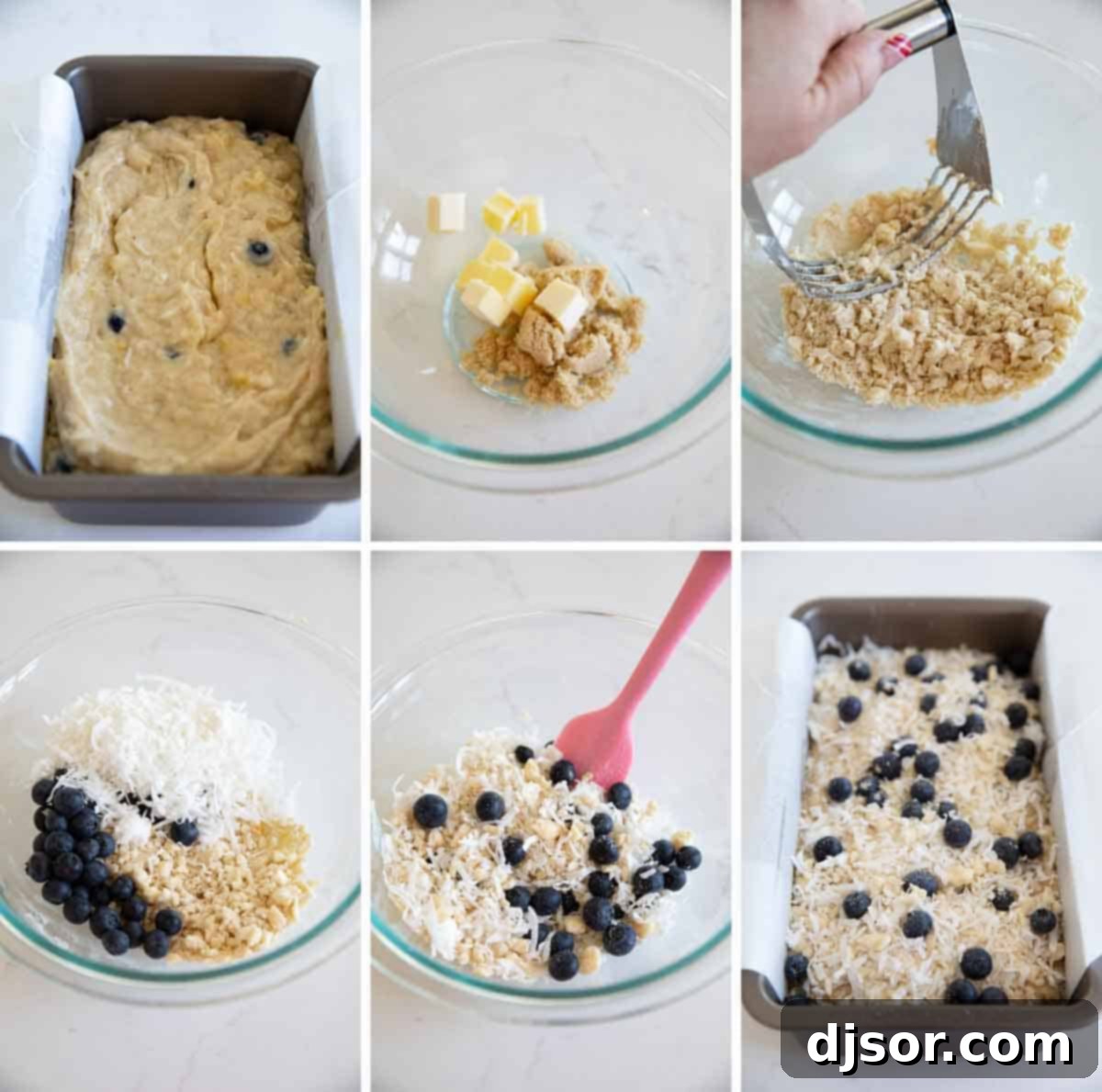 Make a change from your typical banana bread with this Blueberry Banana Bread with Coconut that is filled with fresh berries and topped with a crunchy streusel topping. A step-by-step photographic guide showing the creation of the streusel topping for blueberry banana bread, from combining ingredients to forming coarse crumbs and mixing in the fruit.