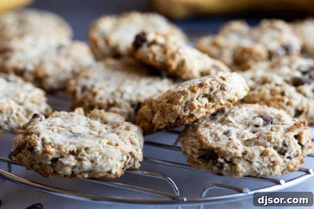 Freshly baked banana oatmeal cookies cooling on a wire rack, with some chocolate chips visible.