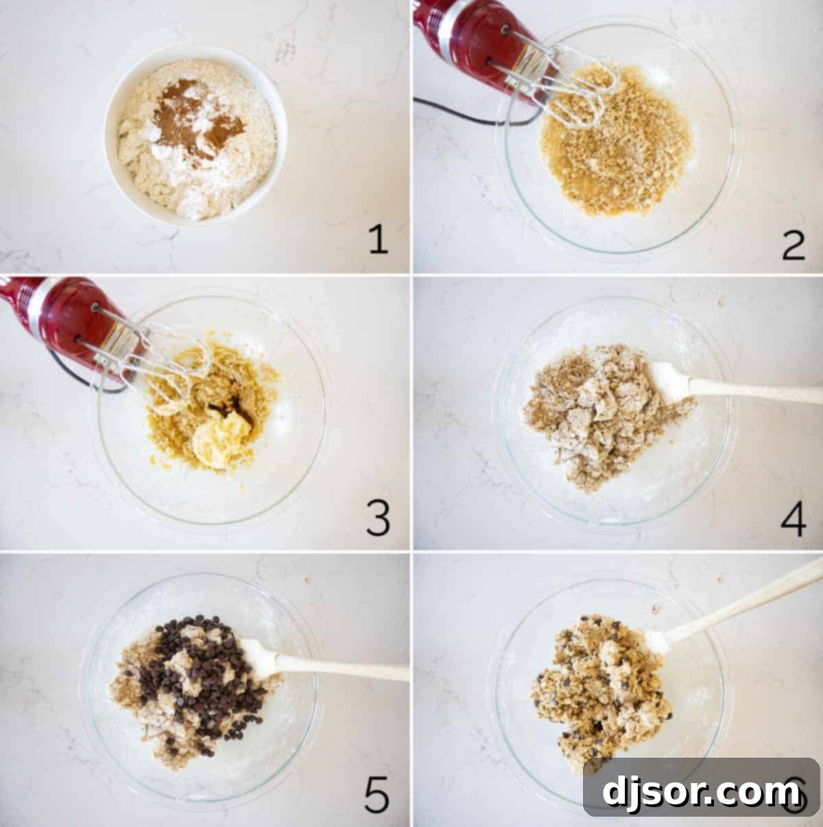 Three steps showing the process of mixing ingredients for banana oatmeal cookies in a stand mixer.