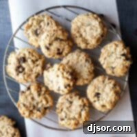 overhead view of banana oatmeal cookies on a cooling rack
