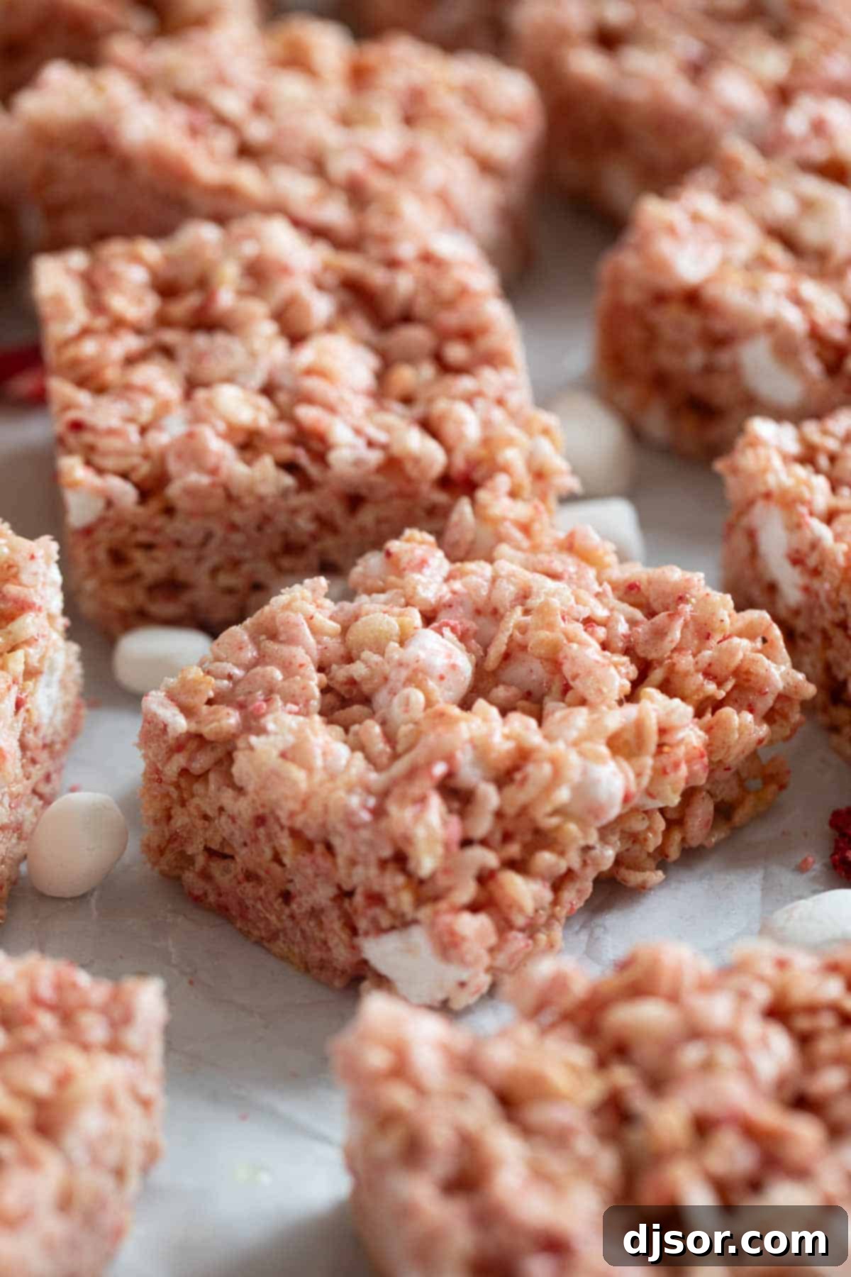 Pink Strawberry Crispy Treats 8 Perfectly cut Strawberry Rice Krispie Treats arranged neatly on parchment paper, ready for serving.