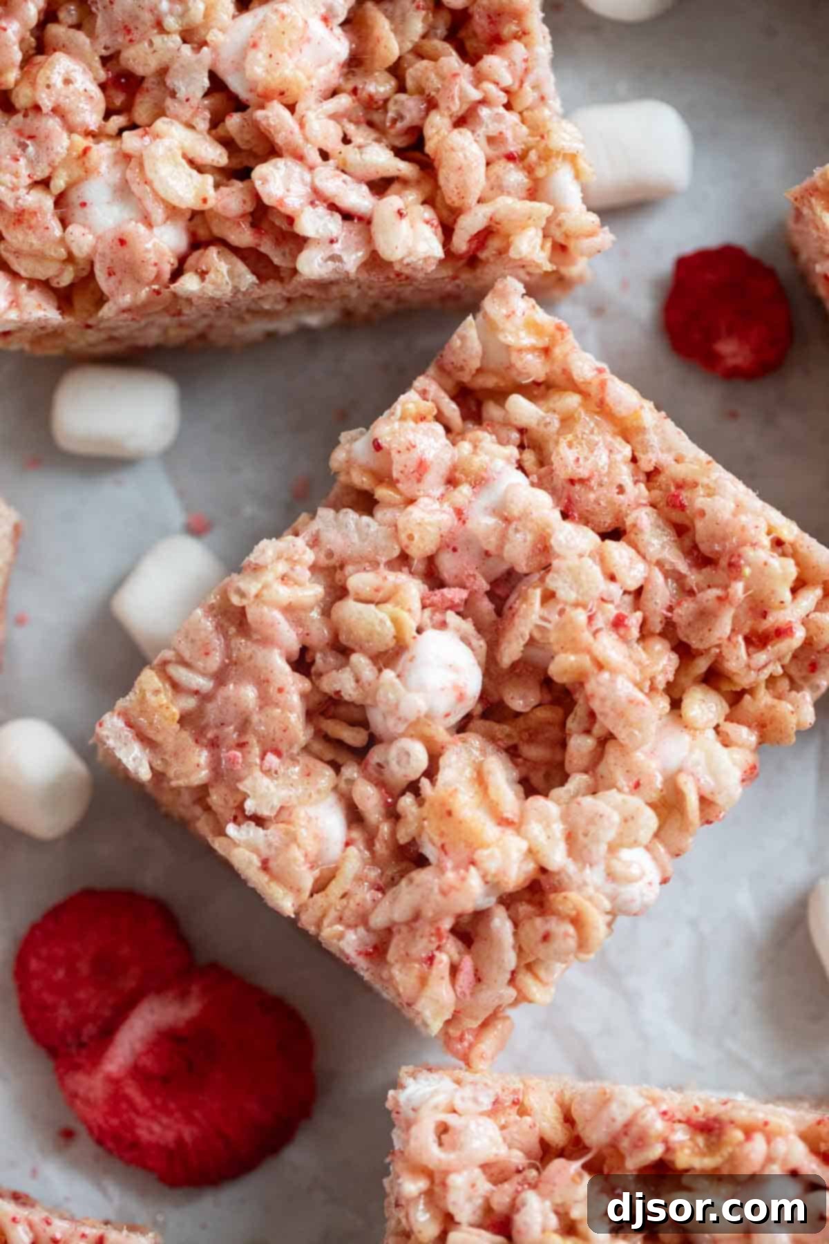 Pink Strawberry Crispy Treats 9 Close-up of a Strawberry Rice Krispie Treat, adorned with a sprinkling of freeze-dried strawberry pieces, highlighting its beautiful pink color and texture.
