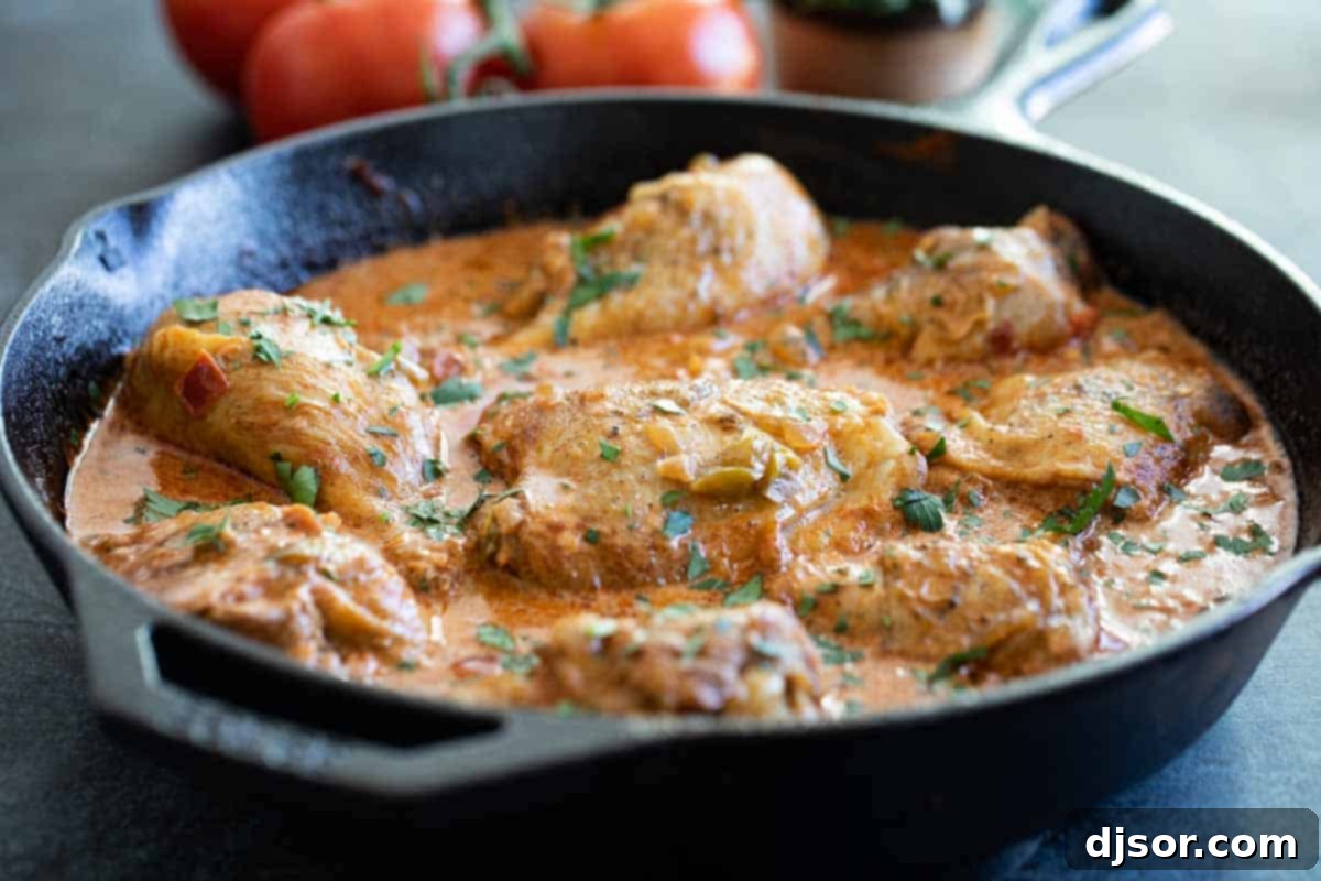 Rich, comforting and flavorful, this Chicken Paprikash is based off of a popular Hungarian recipe. It’s easy enough to make on a weeknight and is loved by both adults and children. chicken paprikash in a cast iron skillet