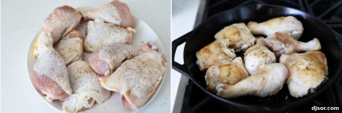 Rich, comforting and flavorful, this Chicken Paprikash is based off of a popular Hungarian recipe. It’s easy enough to make on a weeknight and is loved by both adults and children. chicken drumsticks and thighs cooking in a cast iron skillet