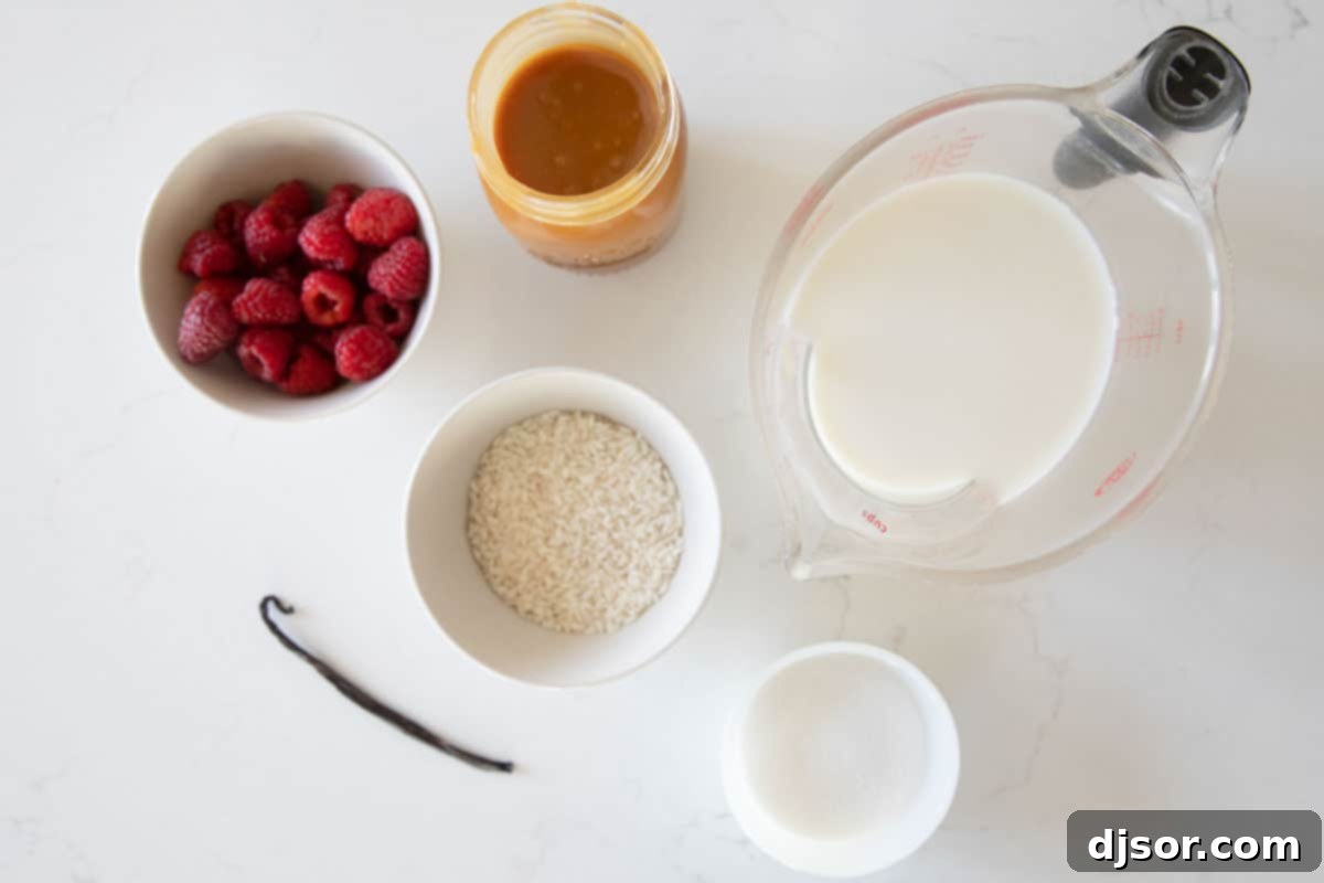 Ingredients laid out for making creamy rice pudding with salted caramel and raspberries.