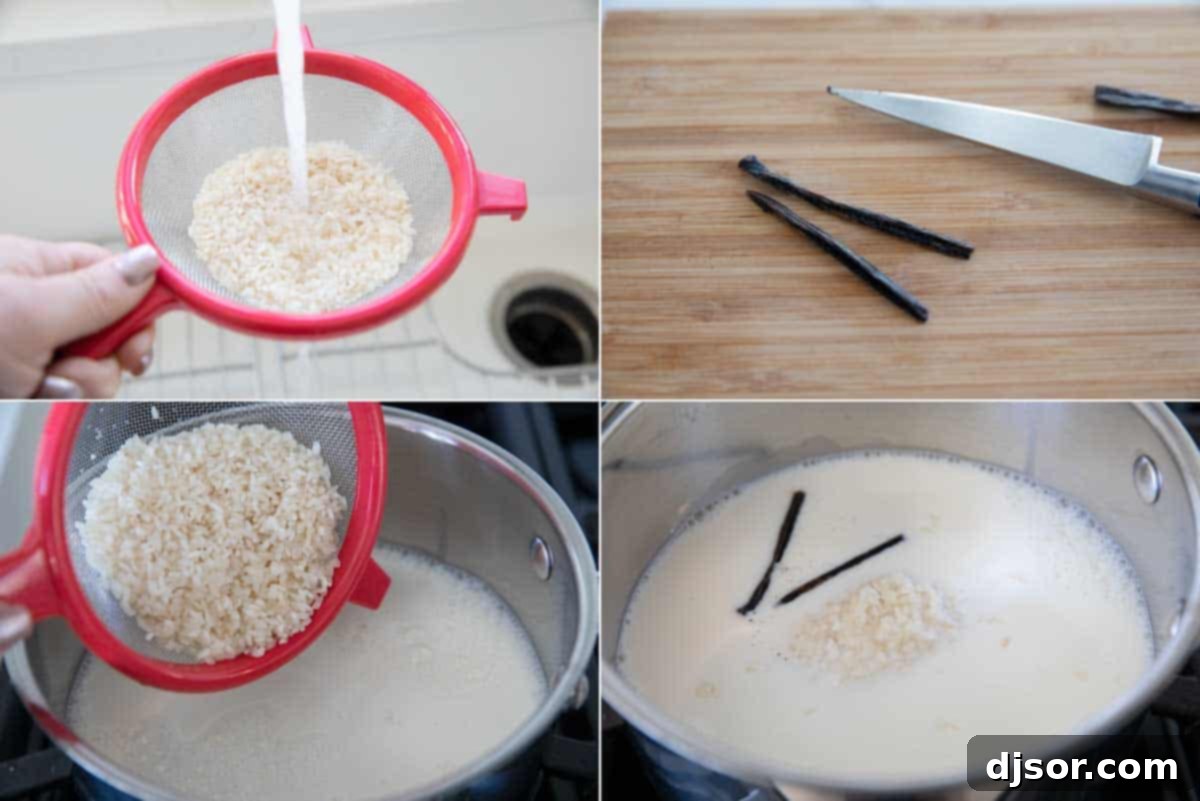 Four step-by-step photos detailing the preparation of vanilla bean rice pudding, from rinsing rice to adding ingredients.