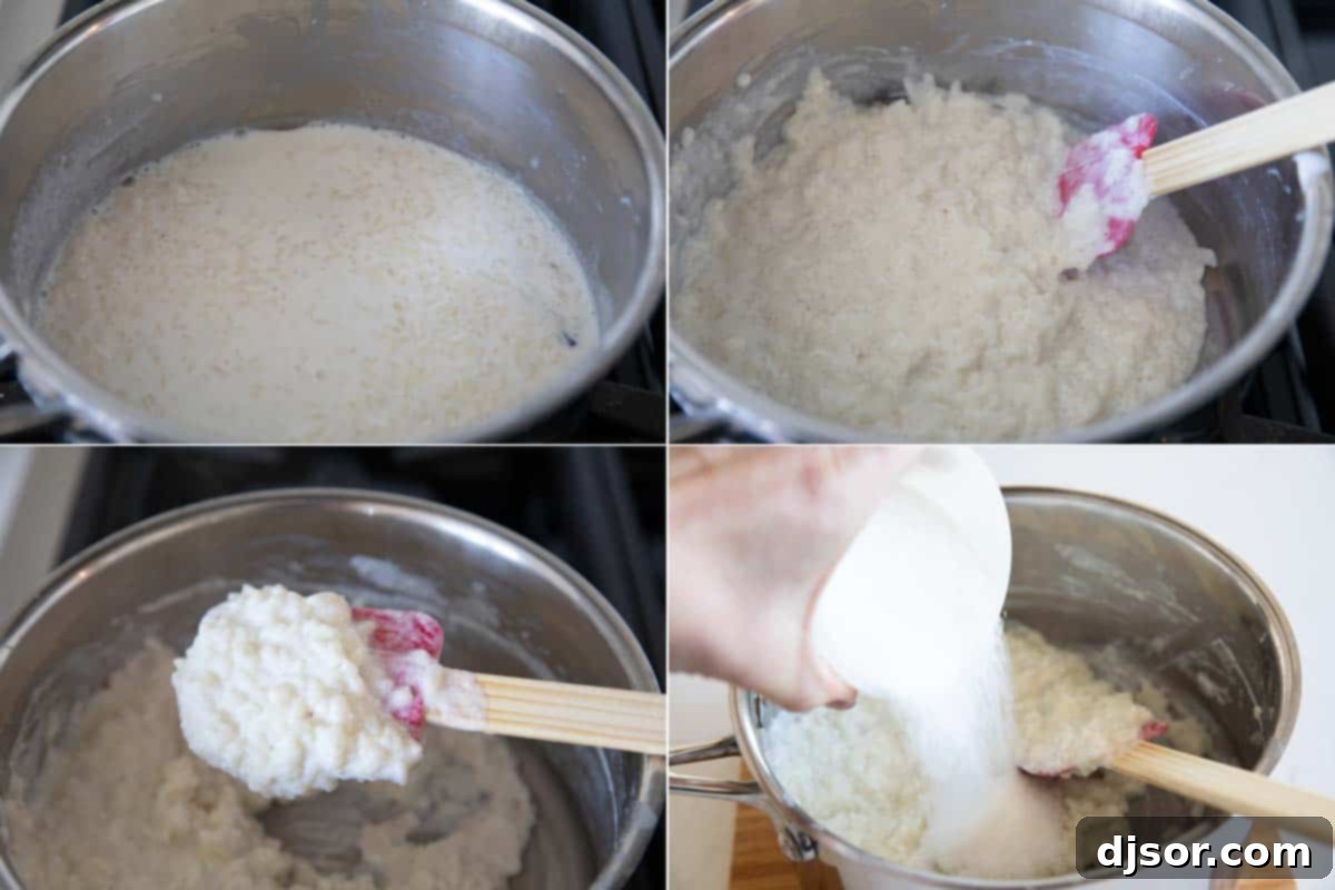 Four photos illustrating the transformation of rice pudding as it thickens and cooks to perfection.