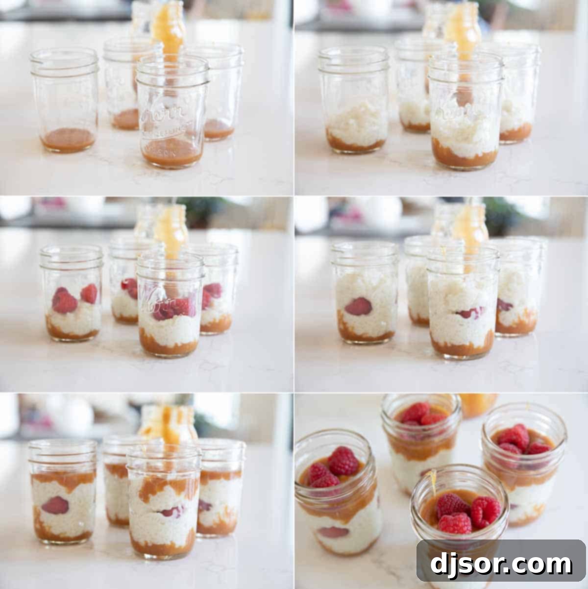 Six photos demonstrating the elegant assembly process of layering rice pudding, salted caramel, and fresh raspberries.