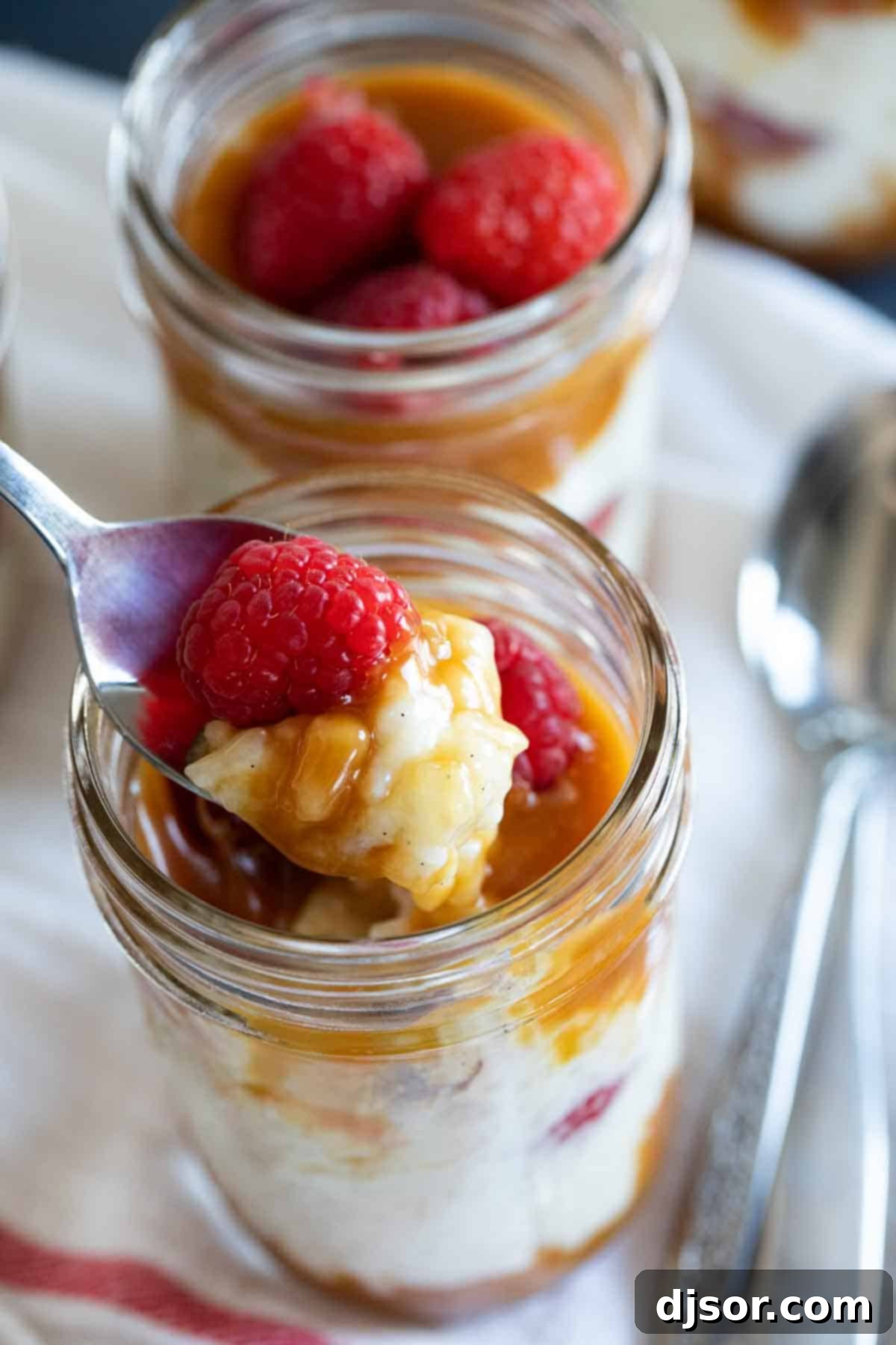 Close-up of a spoonful of rice pudding, showing its creamy texture, with hints of caramel and fresh raspberries.