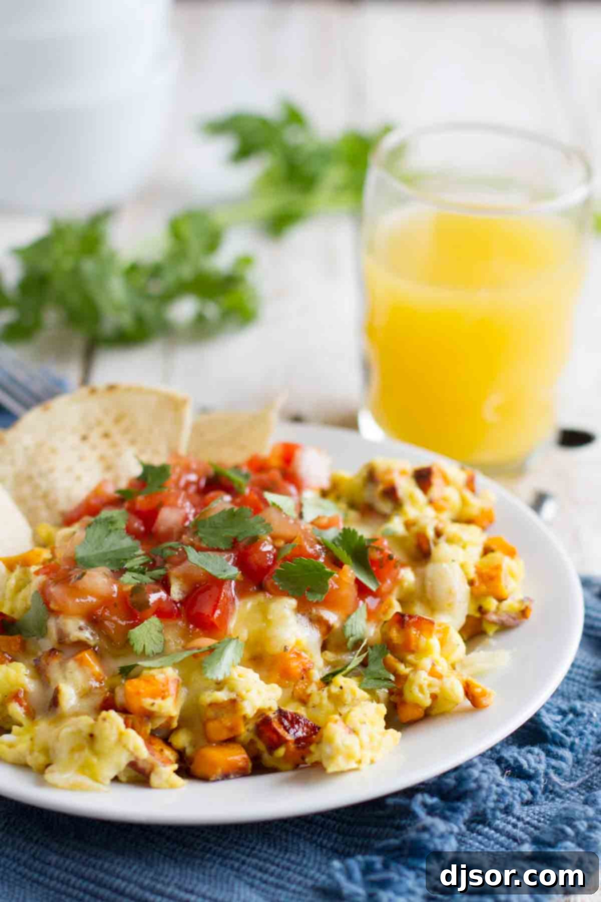 A delicious Mexican-inspired Breakfast Scramble featuring scrambled eggs, sweet potatoes, salsa, cheese, and tortilla chips. Plate with a vibrant Mexican Egg and Sweet Potato Breakfast Scramble, garnished with fresh cilantro.