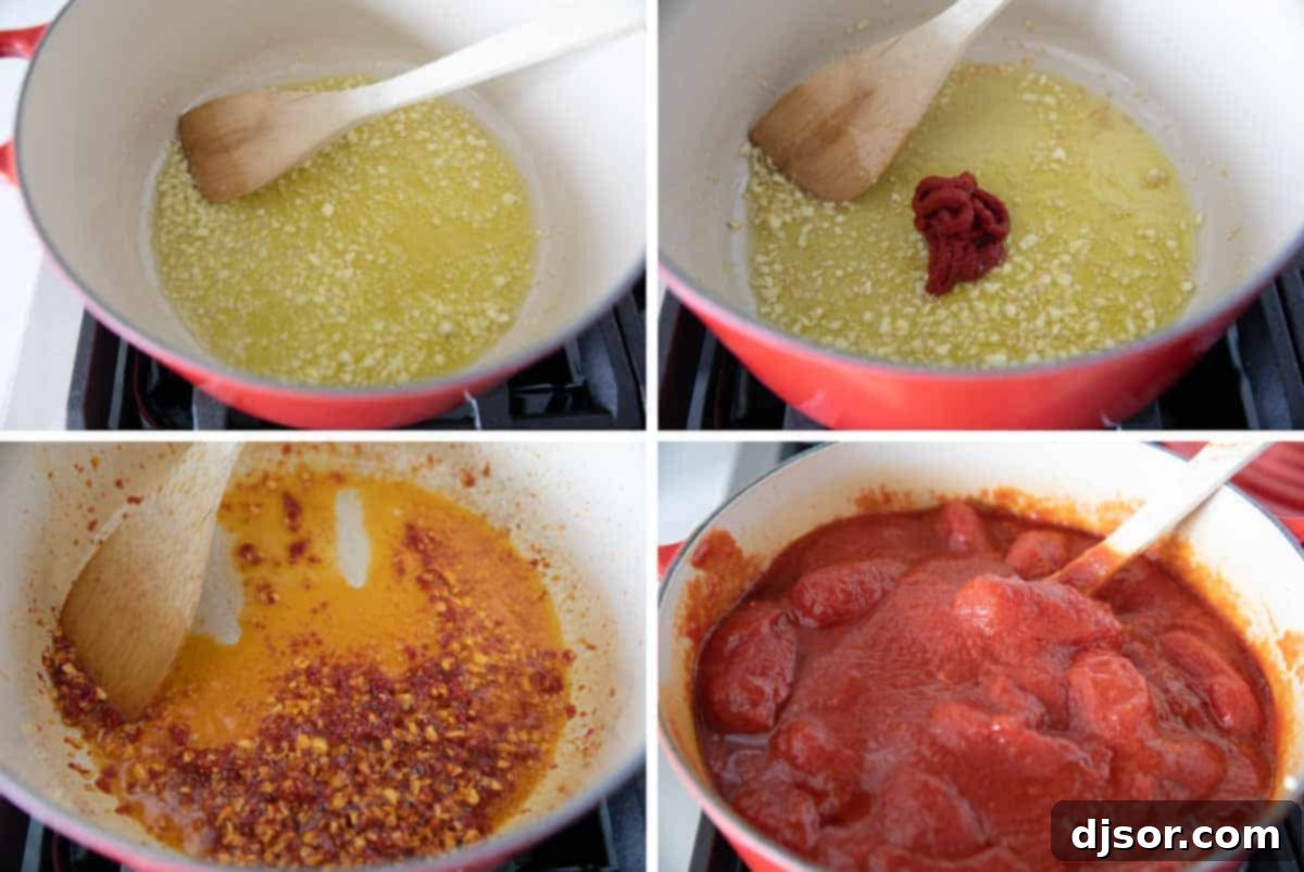 Four photos showing the initial steps of cooking homemade marinara sauce: sautéing garlic, adding tomato paste, stirring tomato paste, and adding canned tomatoes.