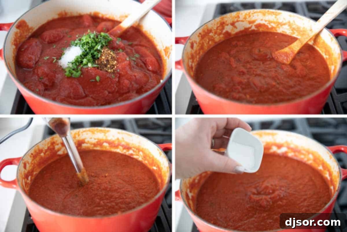 Four sequential photos illustrating the cooking process of marinara sauce, including simmering, breaking down tomatoes, and adding final seasonings.