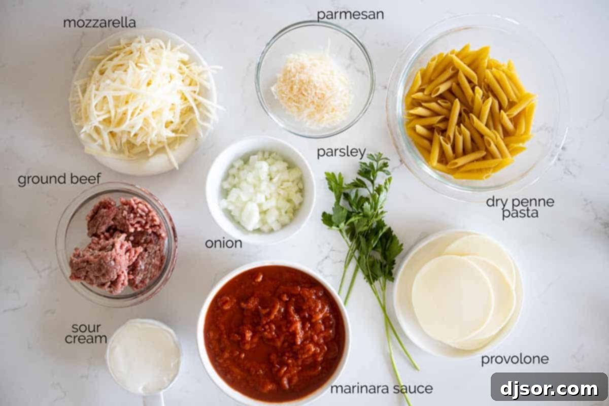 Pure comfort food, this Penne Pasta Bake recipe has a meaty, creamy sauce and lots and lots of cheese. It is perfect for a busy night, and is perfect for feeding a crowd. ingredients needed to make penne pasta bake