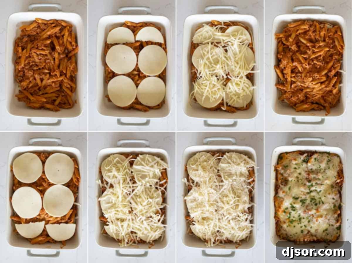 Pure comfort food, this Penne Pasta Bake recipe has a meaty, creamy sauce and lots and lots of cheese. It is perfect for a busy night, and is perfect for feeding a crowd. assembling the pasta bake