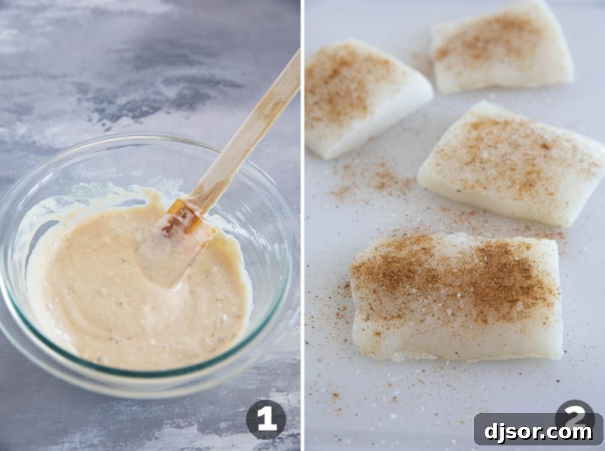 Making wasabi tartar sauce, and seasoning pieces of fish.