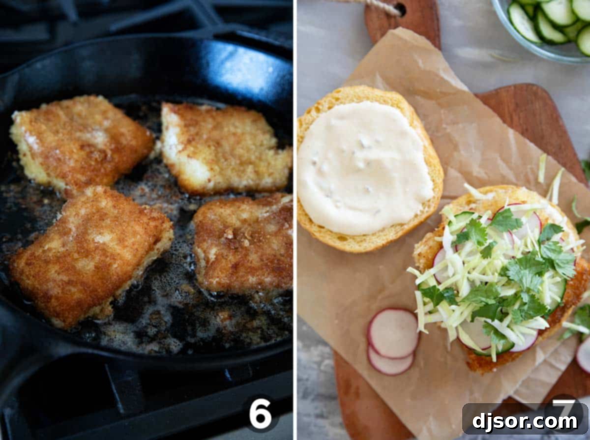 Shallow frying fish and assembling a crispy fish sandwich.