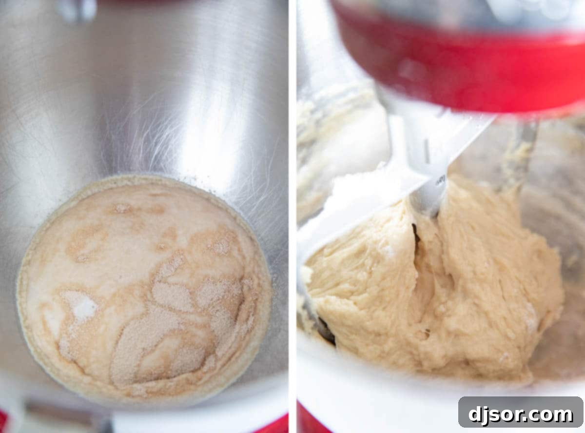 Close-up of a hand kneading soft dough for homemade breadsticks in a stand mixer.
