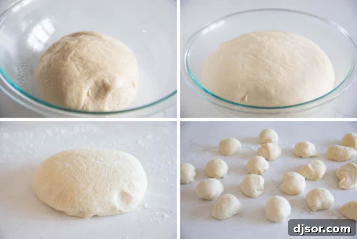 A series of photos showing the process of making homemade breadsticks, from kneading dough to shaping and rising.