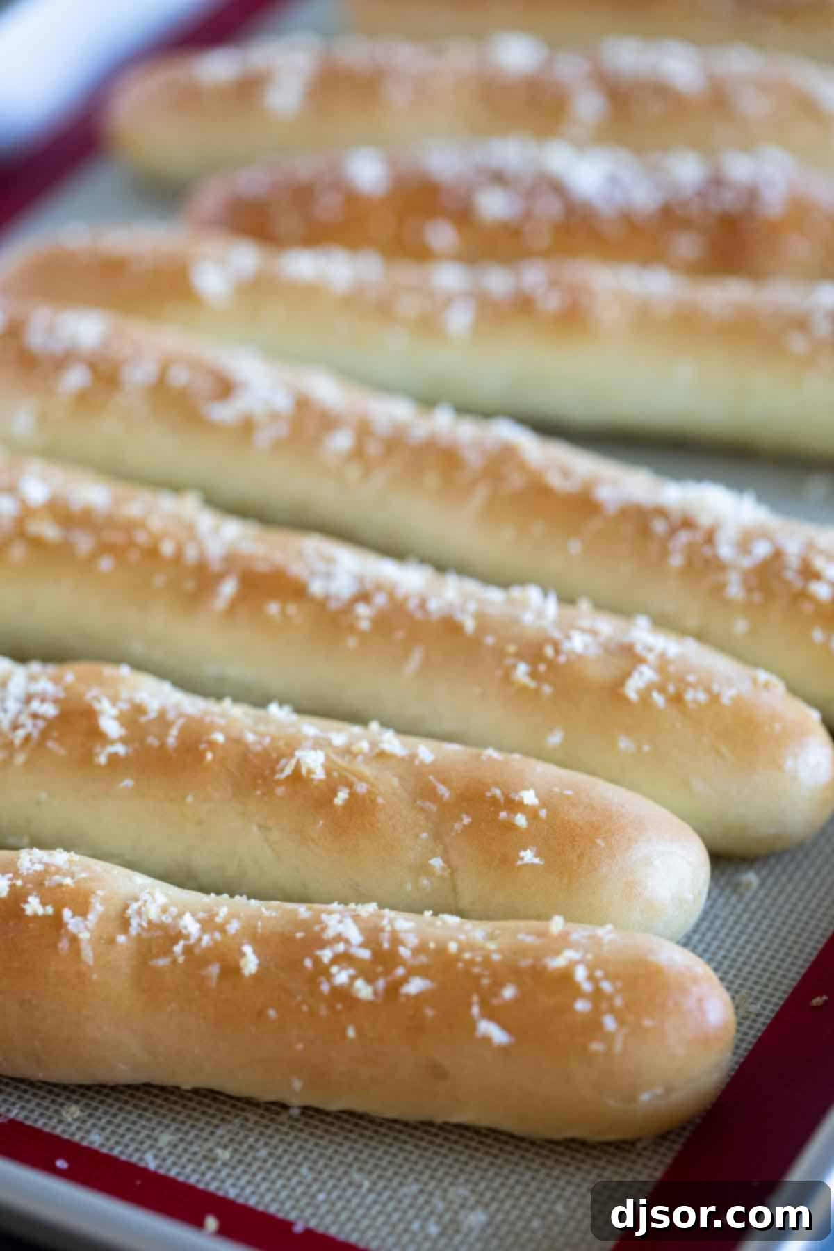 Delicious homemade breadsticks, freshly baked and generously topped with grated Parmesan cheese and herbs.